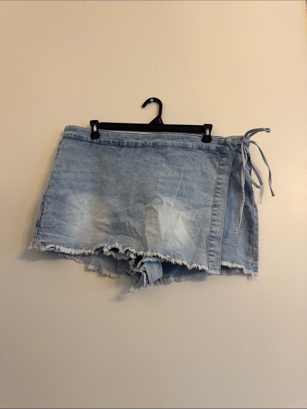 Light Wash Denim Wrap Shorts/Skort with Frayed Hem